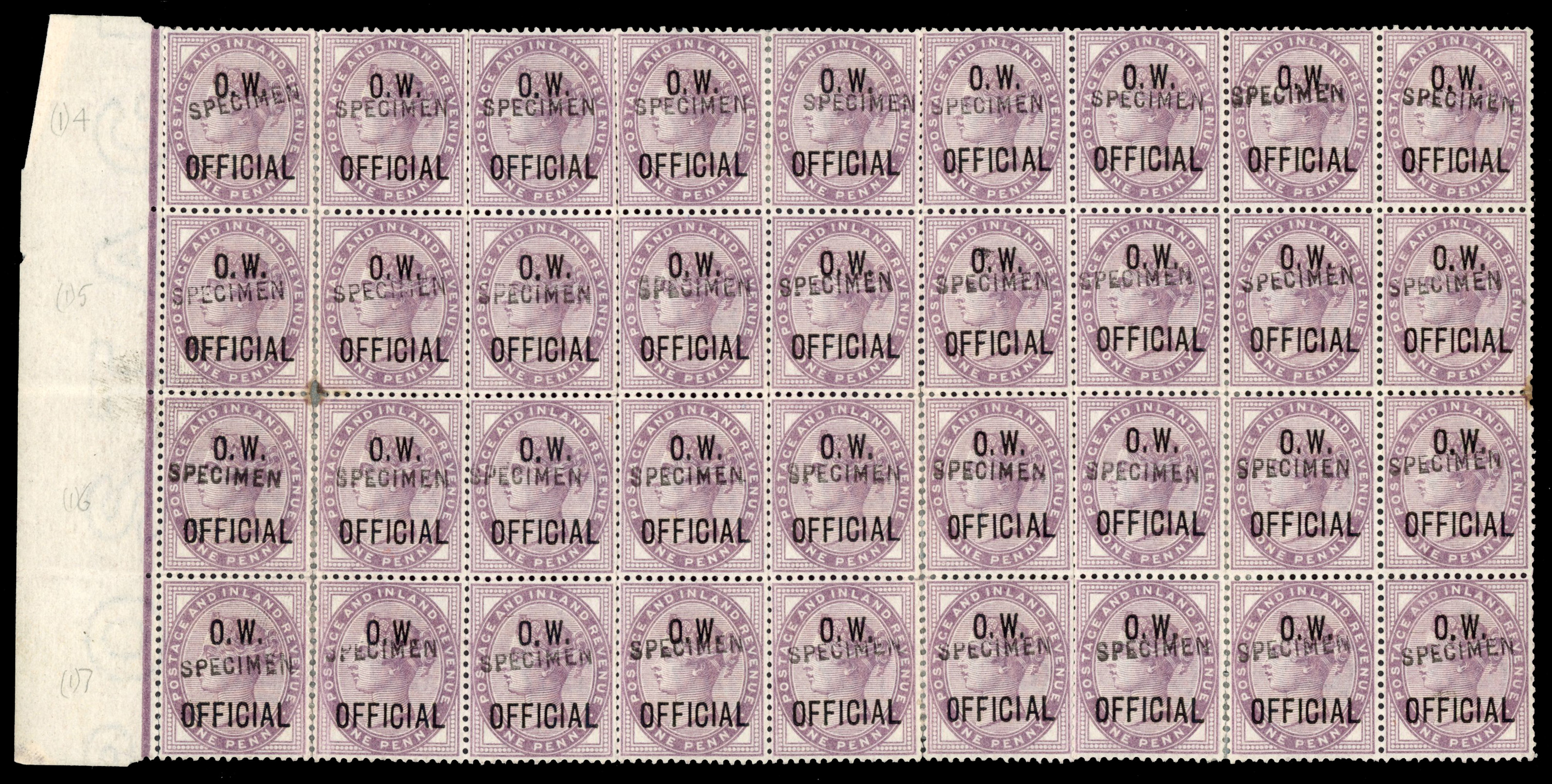 Great Britain SG O33 var 1896-1902 O.W. Official 1d lilac h/s specimen block of 36