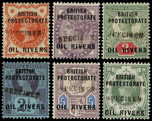 1892-94 Oil Rivers set of six large part o.g., handstamped SPECIMEN Type GB9, very fine. SG 1s-9s,...