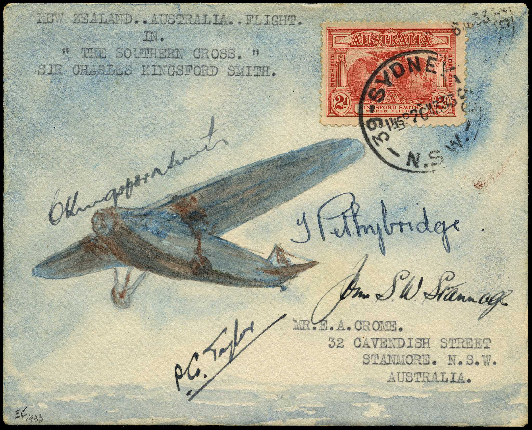 AUSTRALIAN FLIGHT COVERS: 1933 hand-painted...