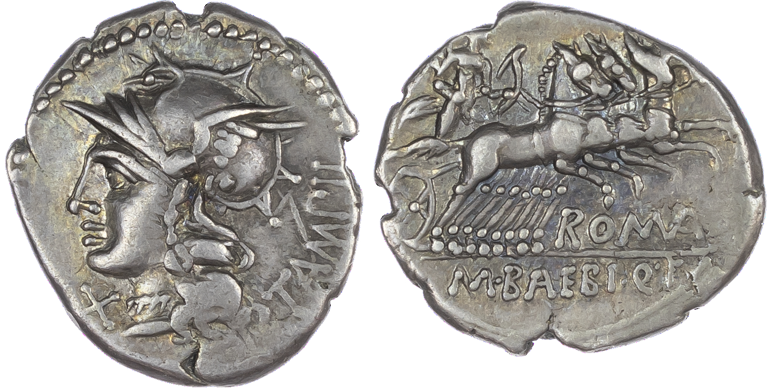 M. Baebius Q. f. Tampilus (137 BC) AR Denarius, Rome, 3.92g. TAMPIL, helmeted head of Roma facing left, X (mark of value) to