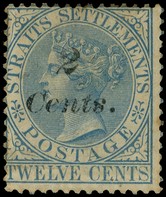 1883 2c on 12c blue with 's' of surcharge inverted, part o.g. with discoloured hinge remainder and some rust in places;...