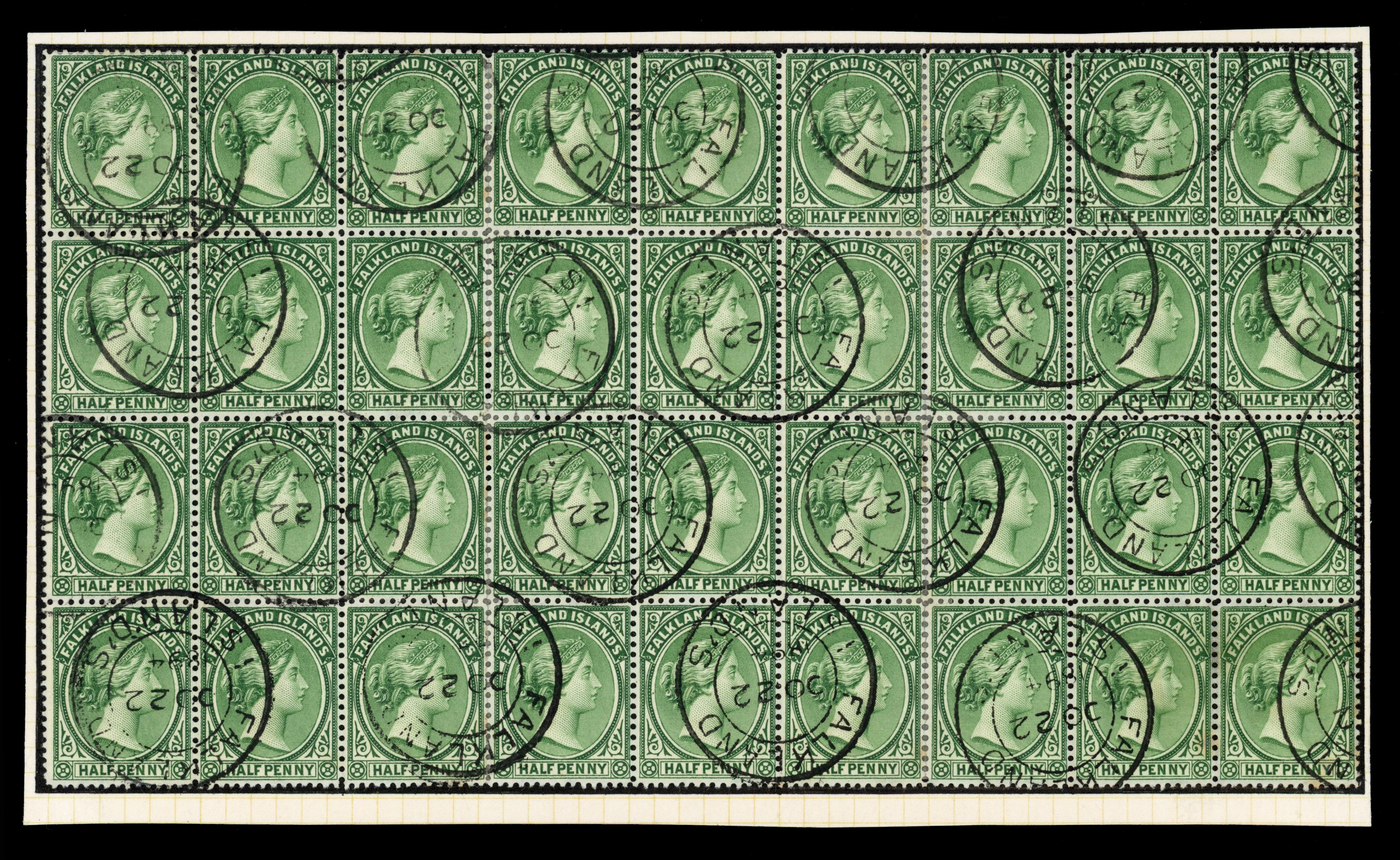 SG 17 1894-5 ½d deep yellow-green block of 36 used