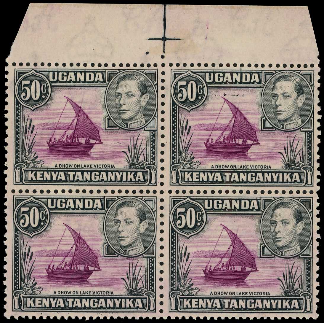 1938 50c purple and black perf 13 x 11¾, top marginal block of four showing R2/5 rope not joined to sail
