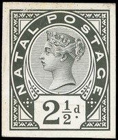 1891 2½d Die Proof in black on glazed card, cut to stamp size, some cracked gum on reverse, a couple of tiny faults.  For...