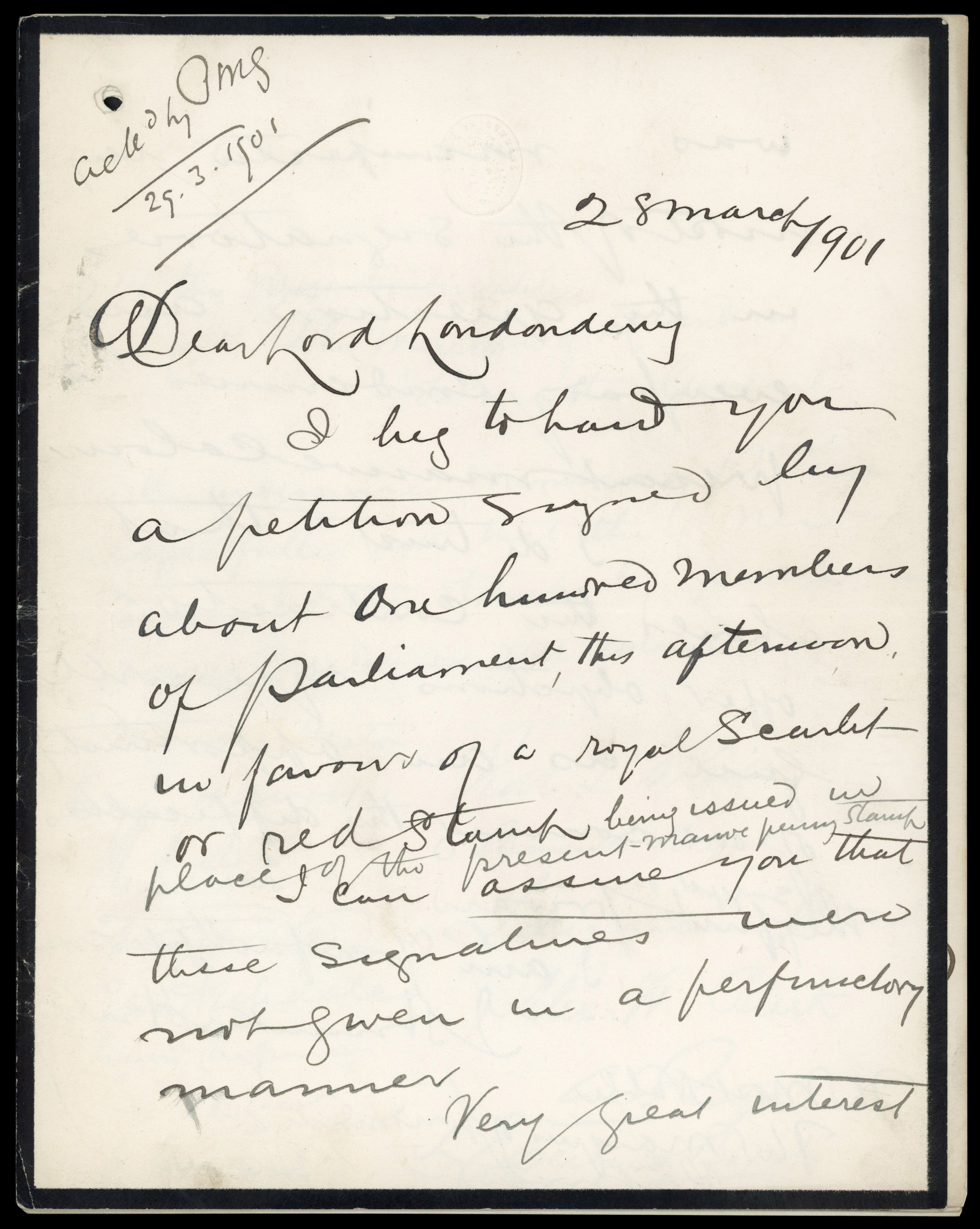 1901 letter to the Postmaster General from MPs petitioning for King Edward VII stamps to be printed in royal scarlet or red