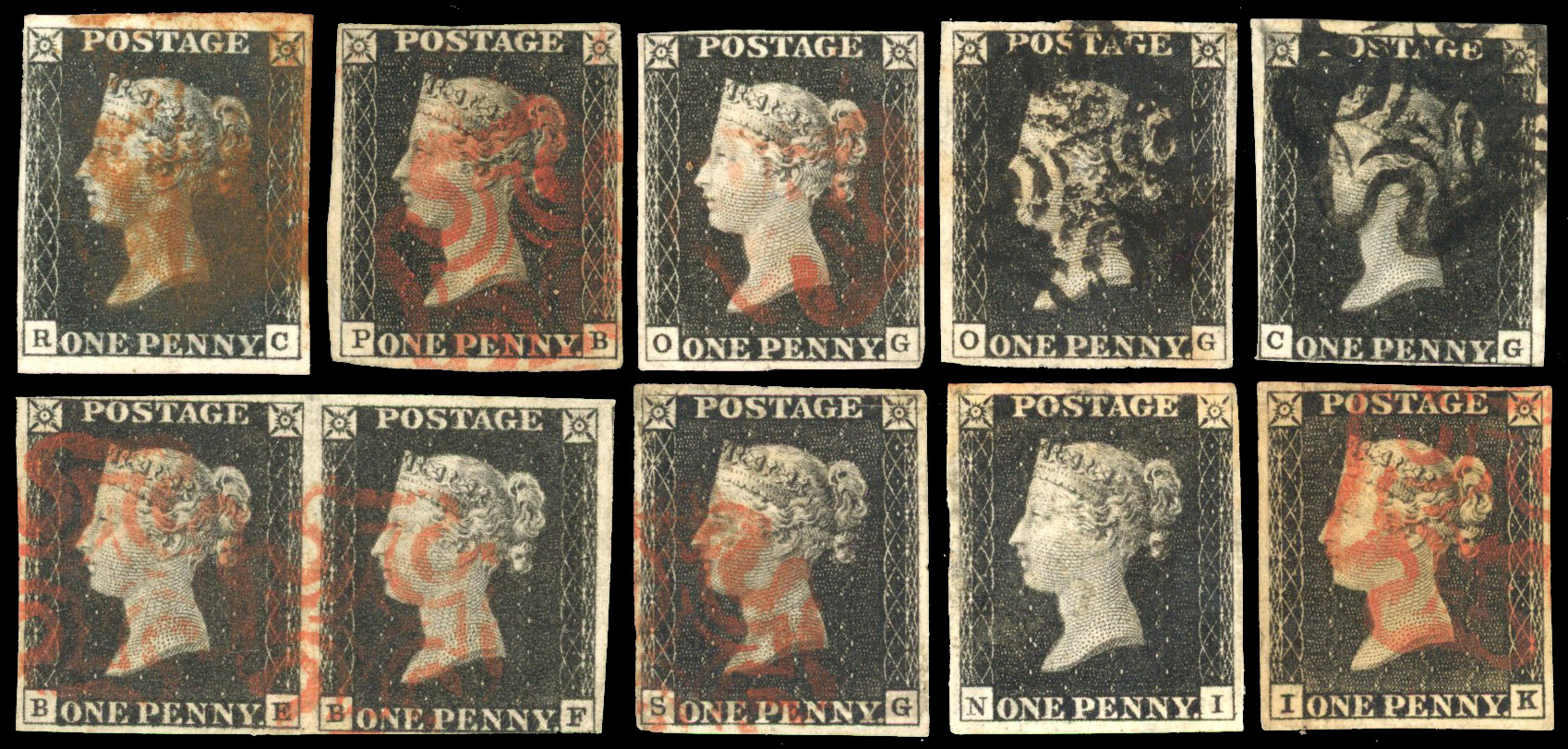 GB: 1840 1d black used range, unplated 8 singles and 1 horizontal pair 4-margin, red MC 7, black 3, fair to fine. (10) SG 1-3