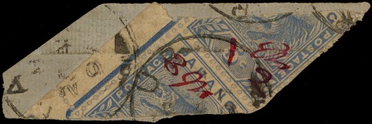 1897 2c and 3c each on half of 5c blue, the Kuala Lipis manuscript provisional, divided diagonally; a se-tenant vertical...
