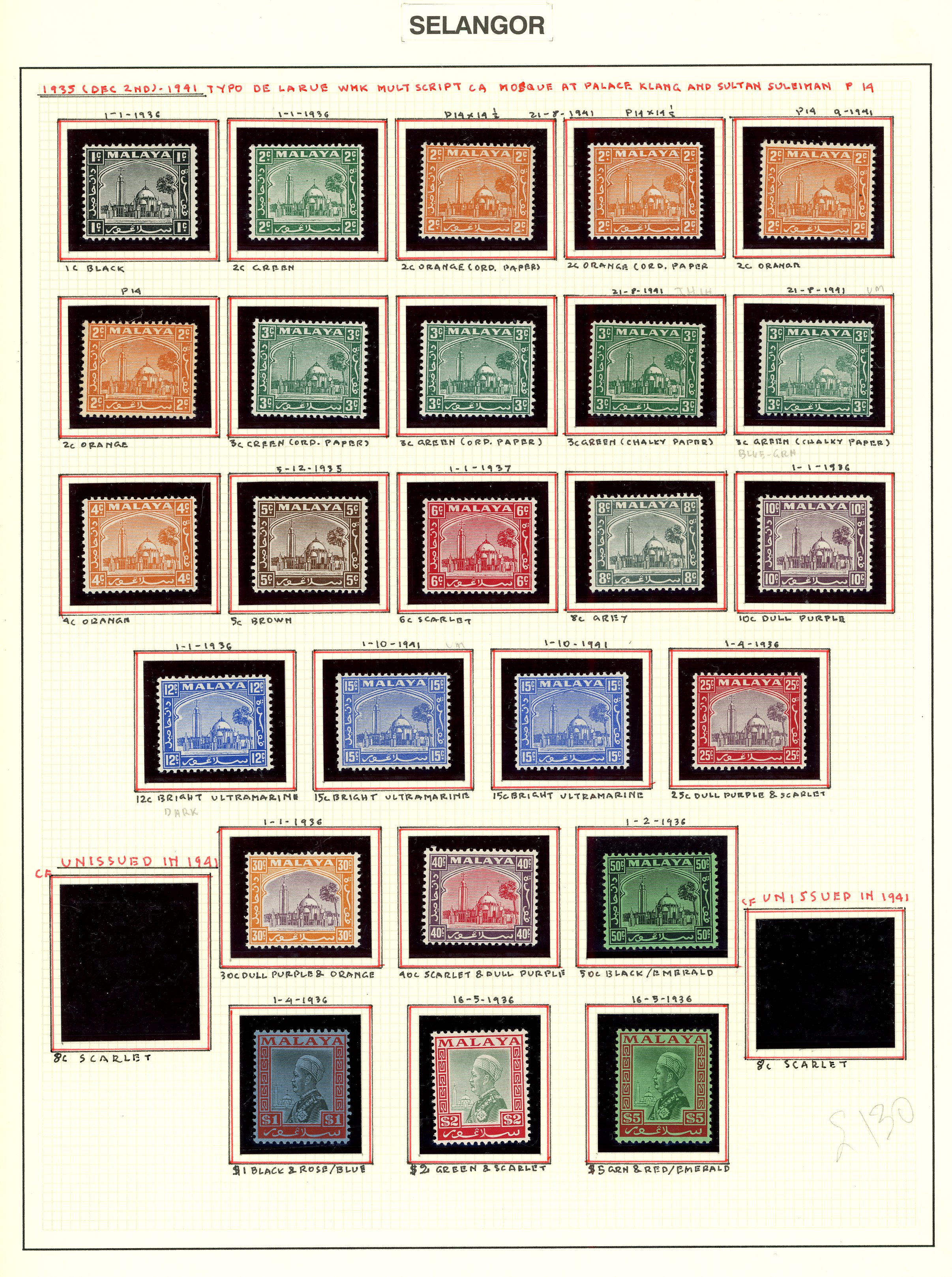 Malaya - Selangor 1935-49 mint collection (65) on leaves.