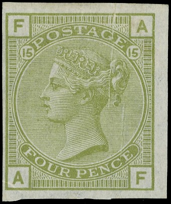 1877 4d Sage green Pl.15. Imperforate imprimatur