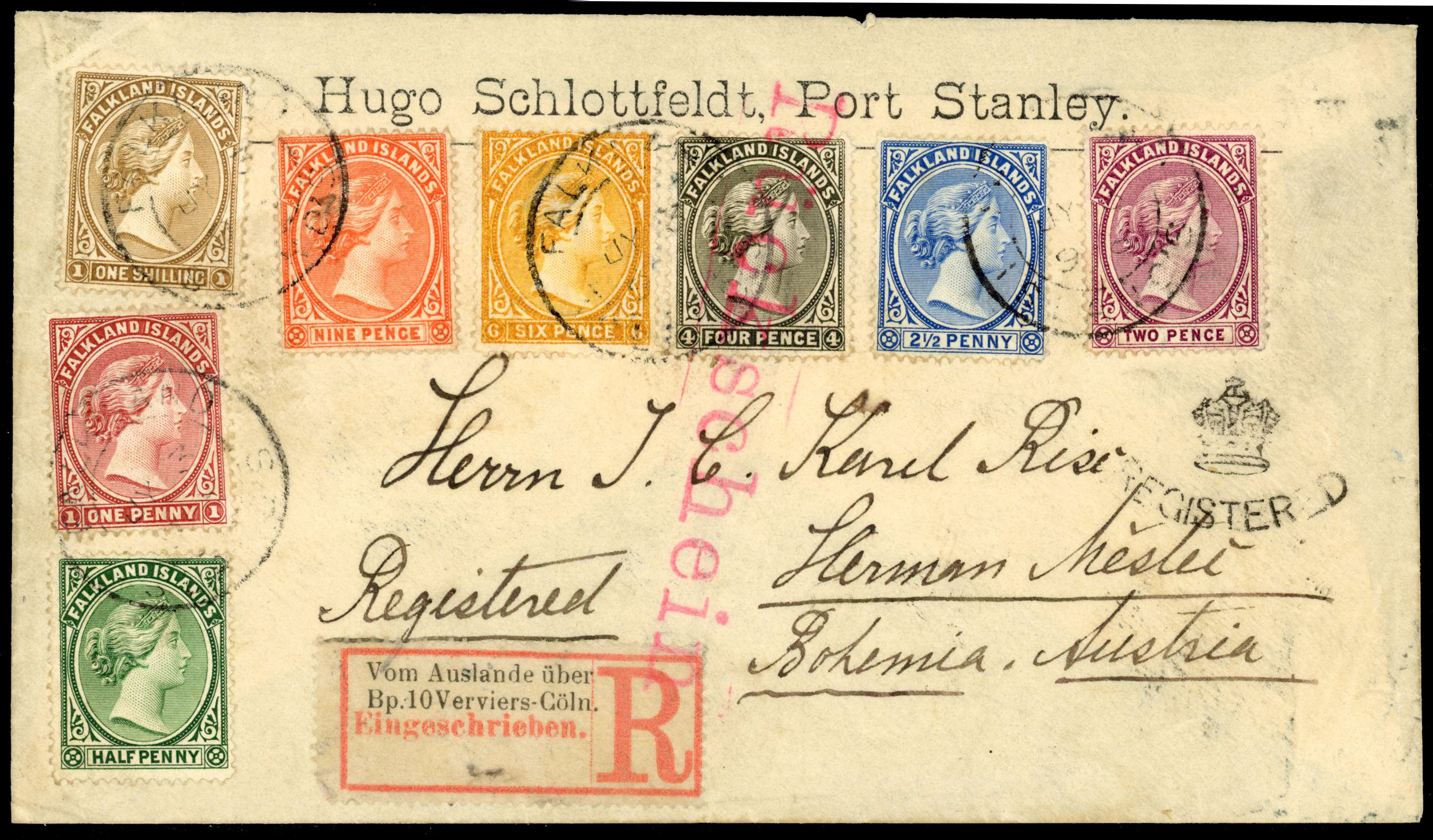 Falkland Islands 1898 Hugo Schlottfeldt cover to Bohemia