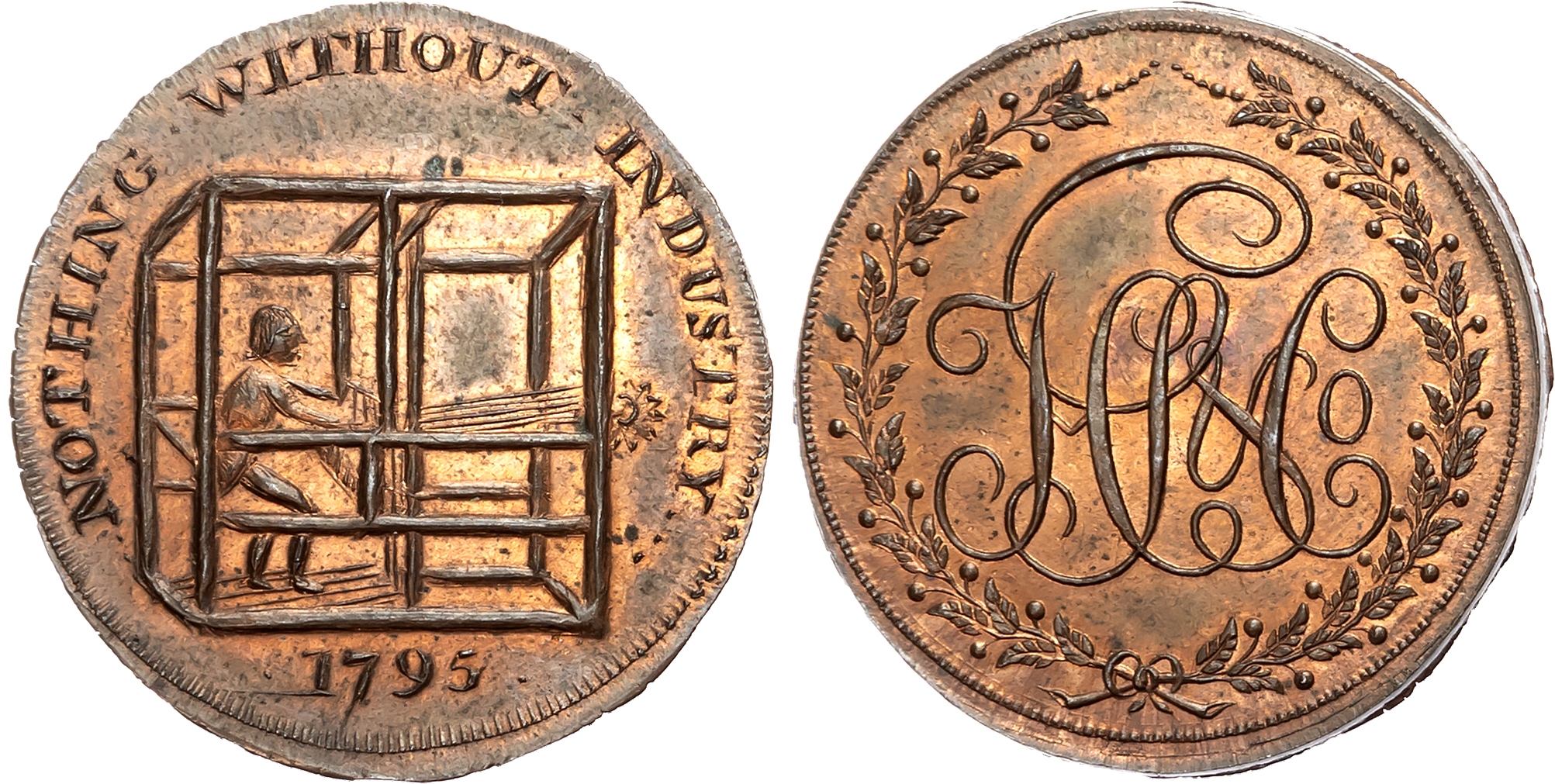 Co. Dub.  Dublin , Prattent’s mule Halfpenny 1795, Man in a box-loom, rev , HS & Co cypher in olive wreath, edge plain,  …