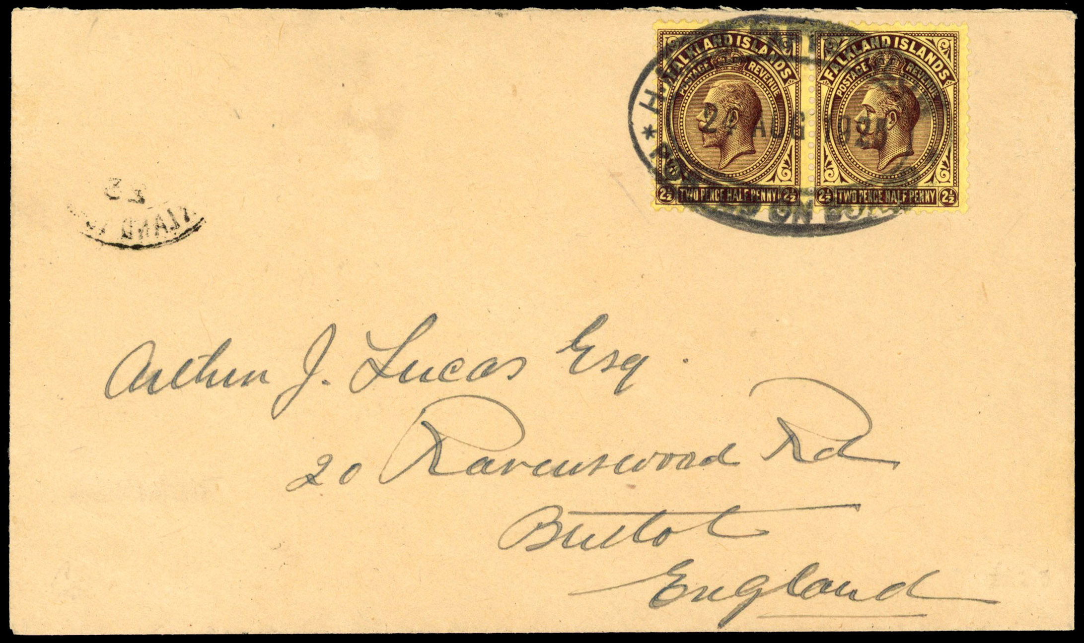 Falkland Islands 1925 HMCS Afterglow cover to Bristol Heijtz SC5