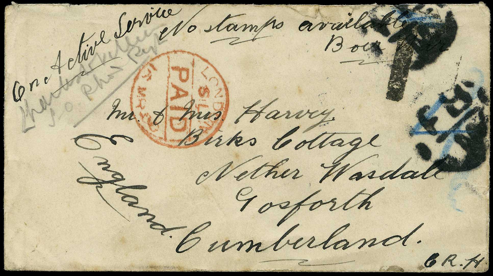 1900 stampless envelope to Gosforth annotated...