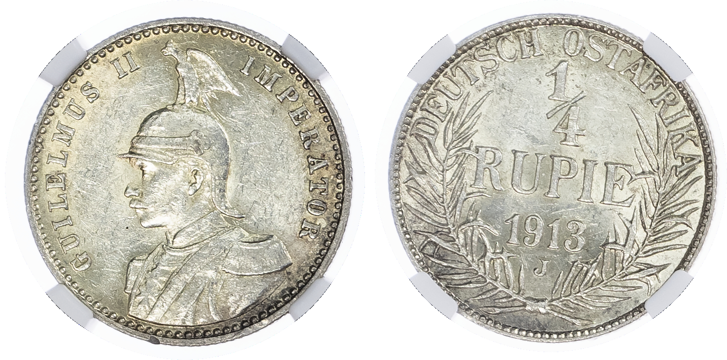 German East Africa. Wilhelm II AR 1/4 Rupie. 1913J. 