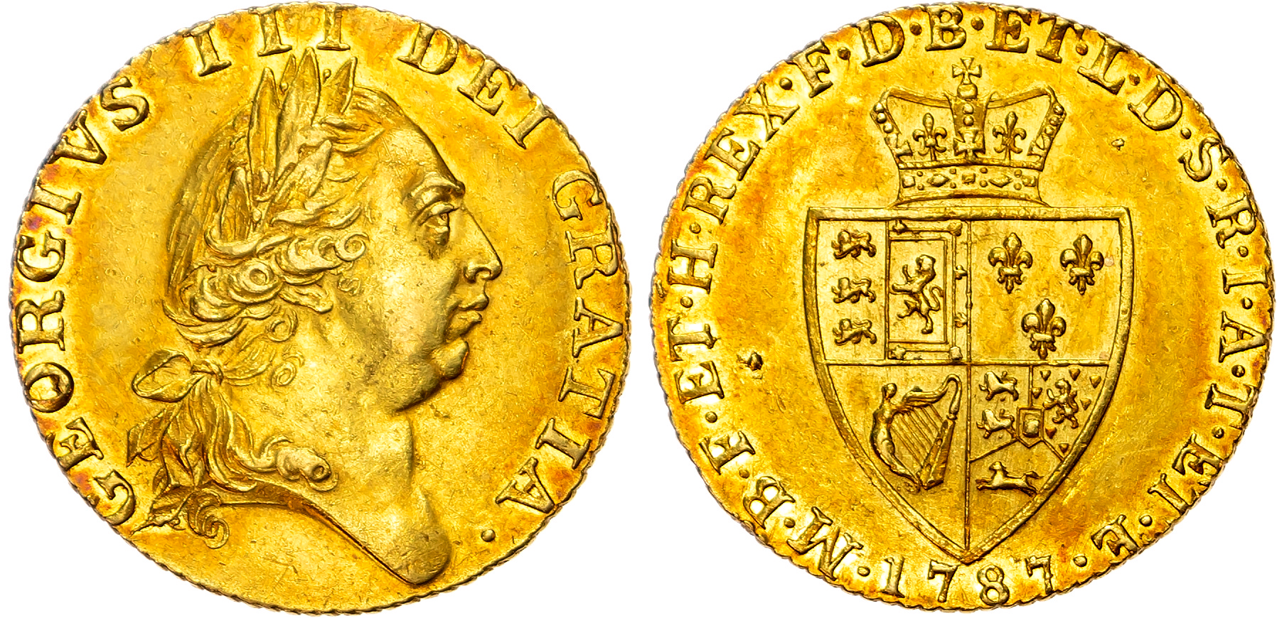 George III (1760-1820) 'Spade' Guinea, 1787. Fifth laureate head