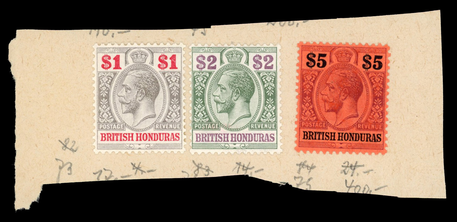 British Honduras 1913-21 Multiple Crown CA $1, $2 and $5, mint with large part o.g.