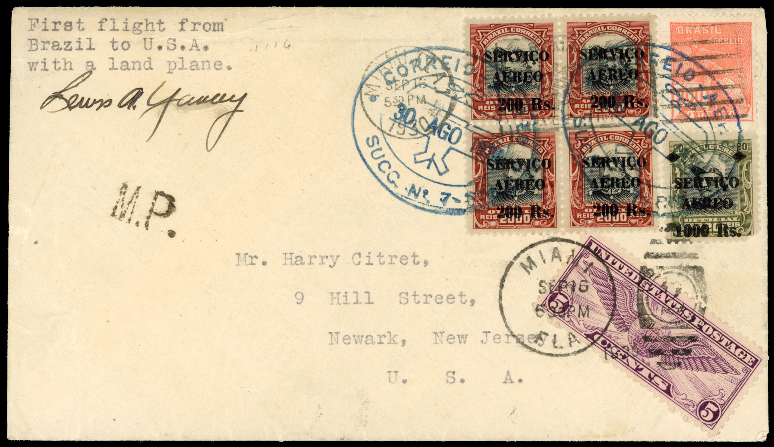 Brazil Airmail 1930 interrupted flight cover to U.S.A.