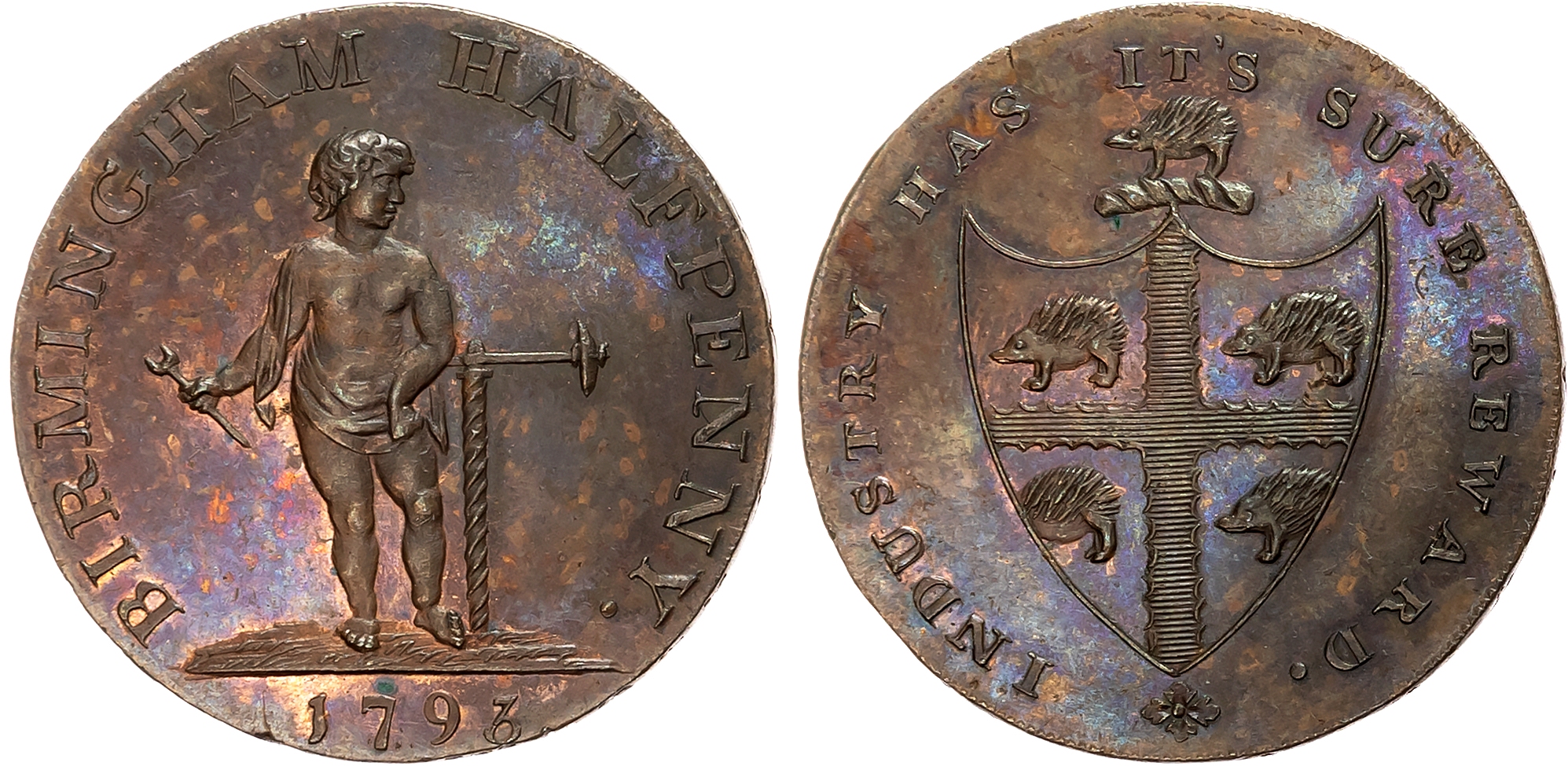Warks . Birmingham , Kempson’s Halfpenny 1793, Boy standing holding an auger and spanner, rev. hedgehog crest and arms,  …