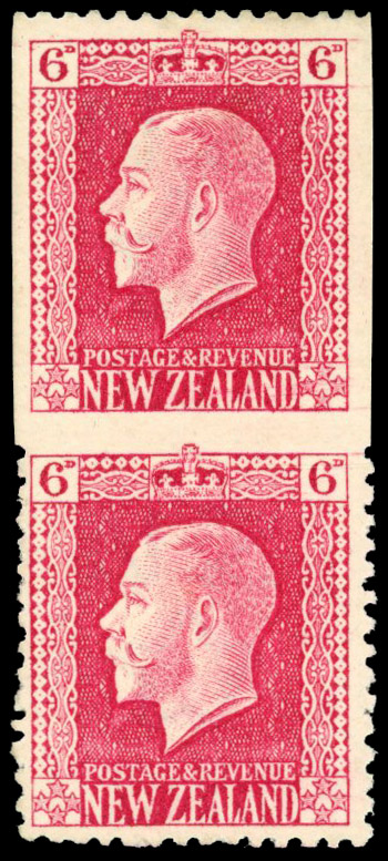 New Zealand 1915-30 6d carmine vert pair imperf on three sides