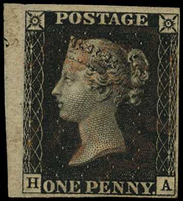 1840 1d black, plate 6 (HA), 4 margins,...