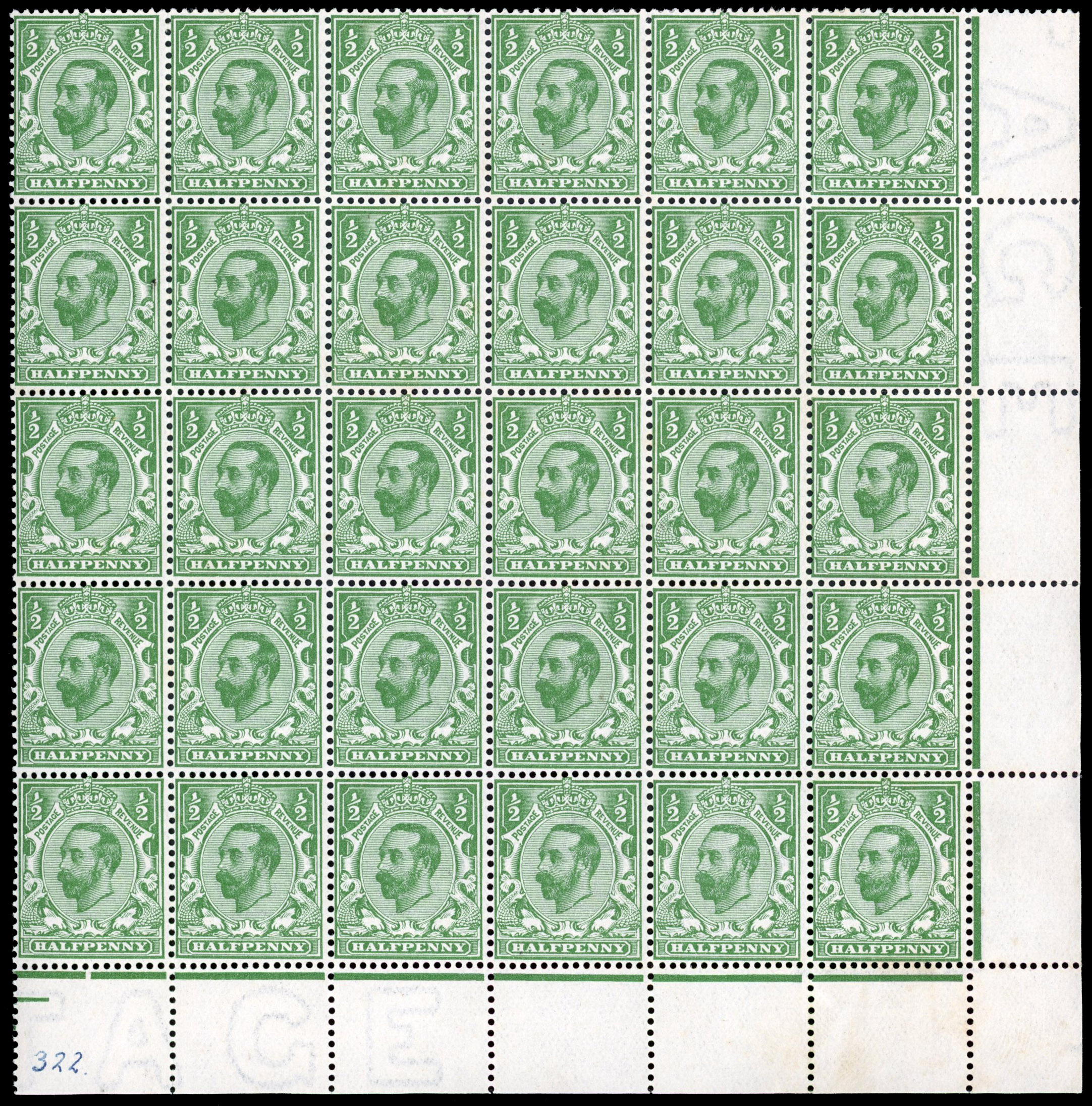 GB 1911-12 ½d blue green, die 1A, mint unmounted o.g. lower right corner marginal block of thirty