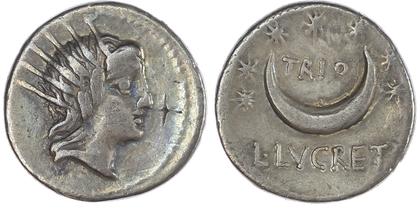 L. Lucretius Trio (76 BC) AR Denarius, Rome, 3.76g. Radiate head of Sol facing right. Rev. TRIO / L•LVCRET, crescent, seven