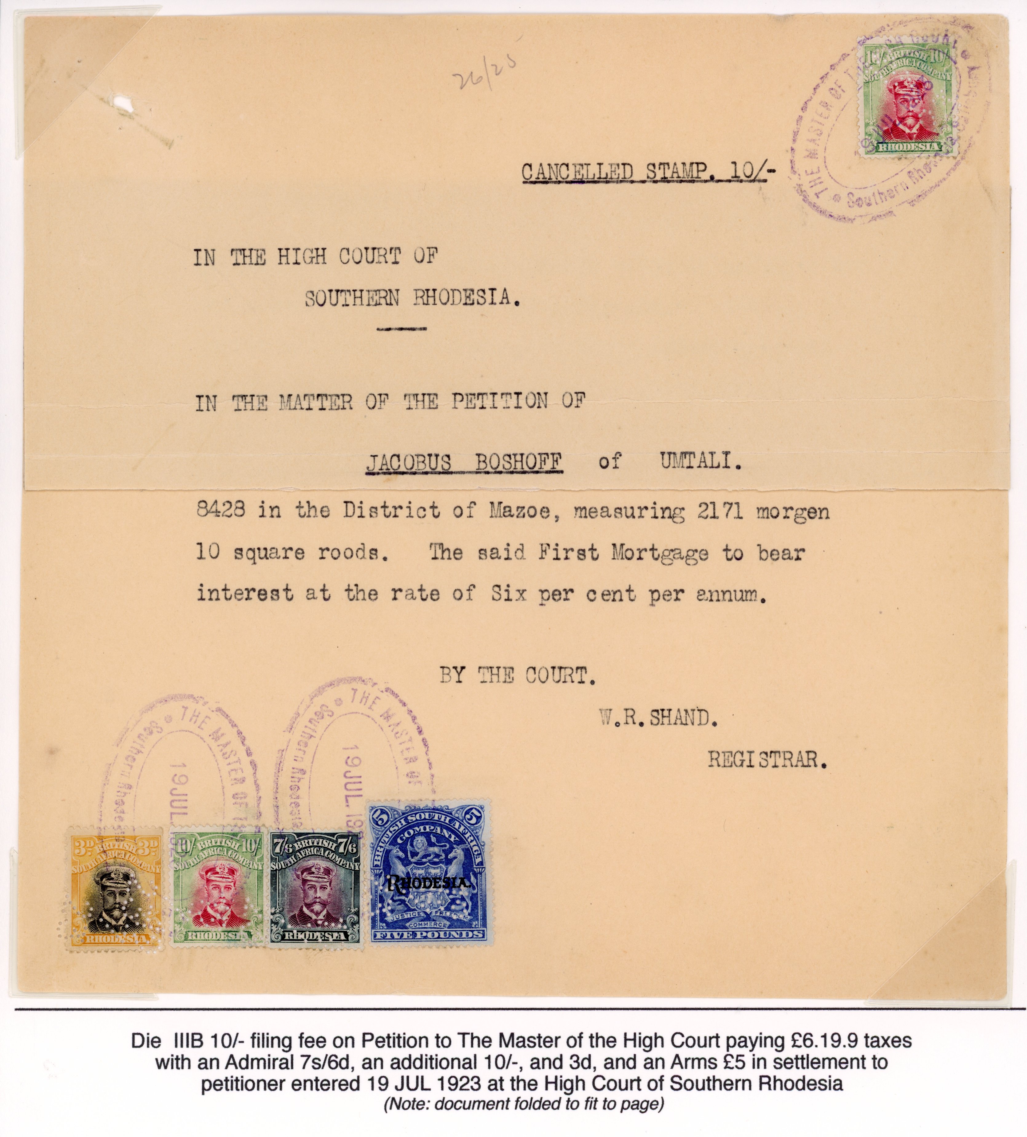 Rhodesia SG 309 Revenue use on 1923 document