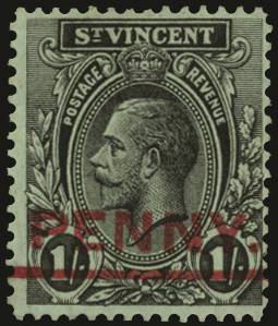ST VINCENT SG 121a 1915 1d on 1s black/green, error "ONE" omitted, o.g.