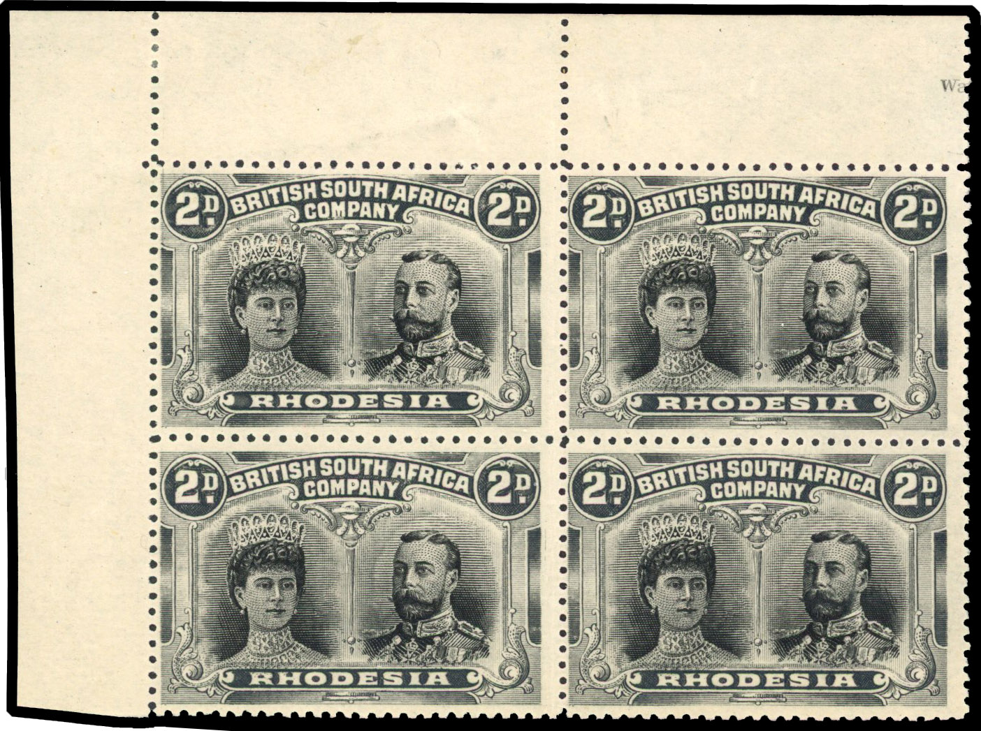 RSC K 2d deep black and black corner block of four, mint