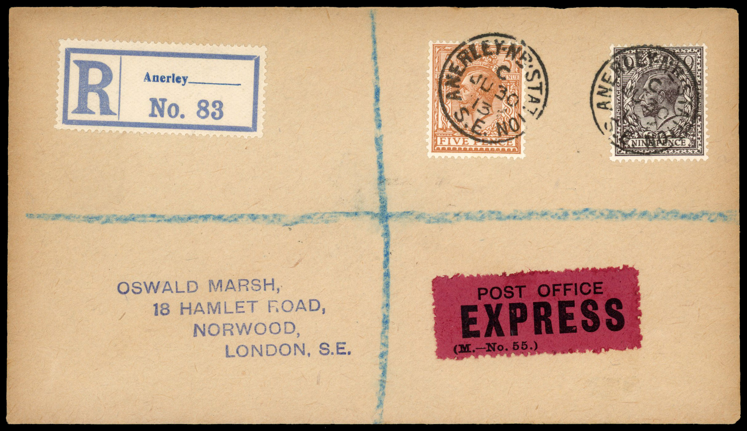 1913 5d Brown & 9d Agate. Very fine plain 'Marsh' registered FDC