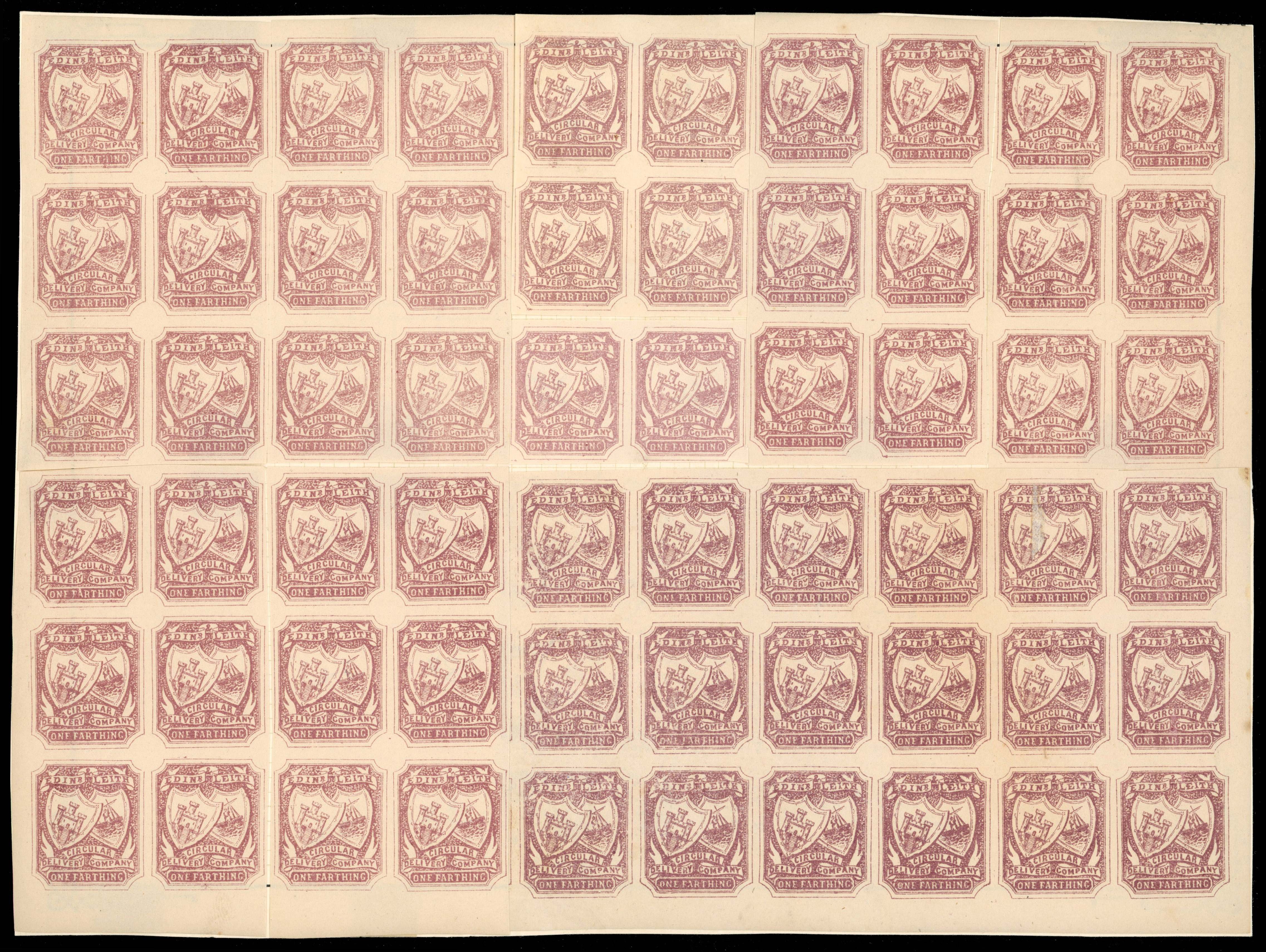 GB Circular Delivery Companies. Edinburgh and Leith 1865-66 ¼d dull mauve, mint imperforate reconstructed sheet of sixty