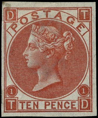 1867 10d Red-brown Pl.1. Very fine unused imperforate imprimatur lettered TD, light corner crease at upper left. Scarce …