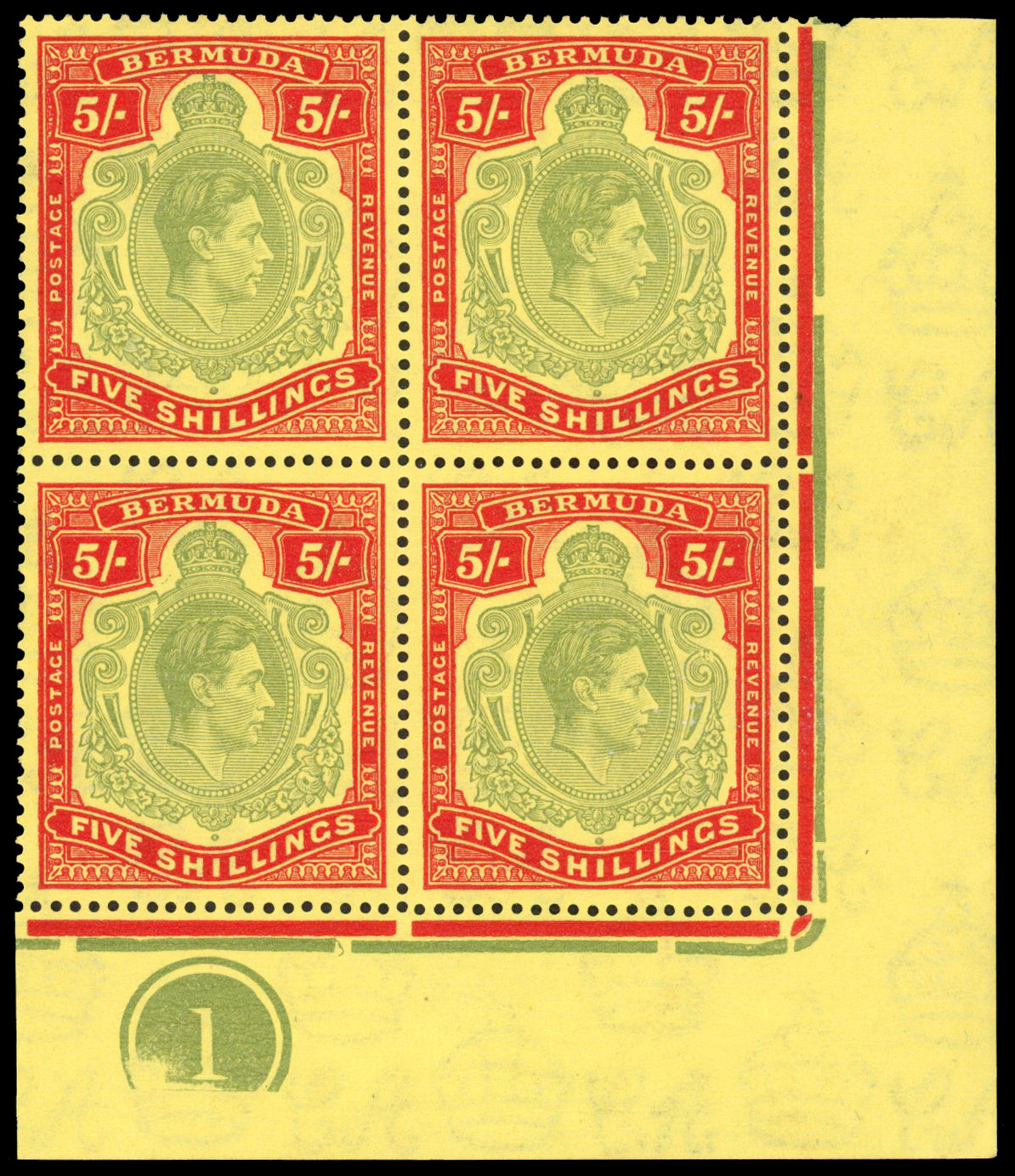 BERMUDA: 1943 5s pale bluish green and carmine-red on pale yellow, lower right hand corner plate ‘1’ block of 4 with R.5/12
