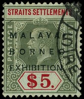 1922 $5 Malaya-Borneo Exhibition used with Singapore Registered cancel (Proud R21) and part of another CDS at top right. ...