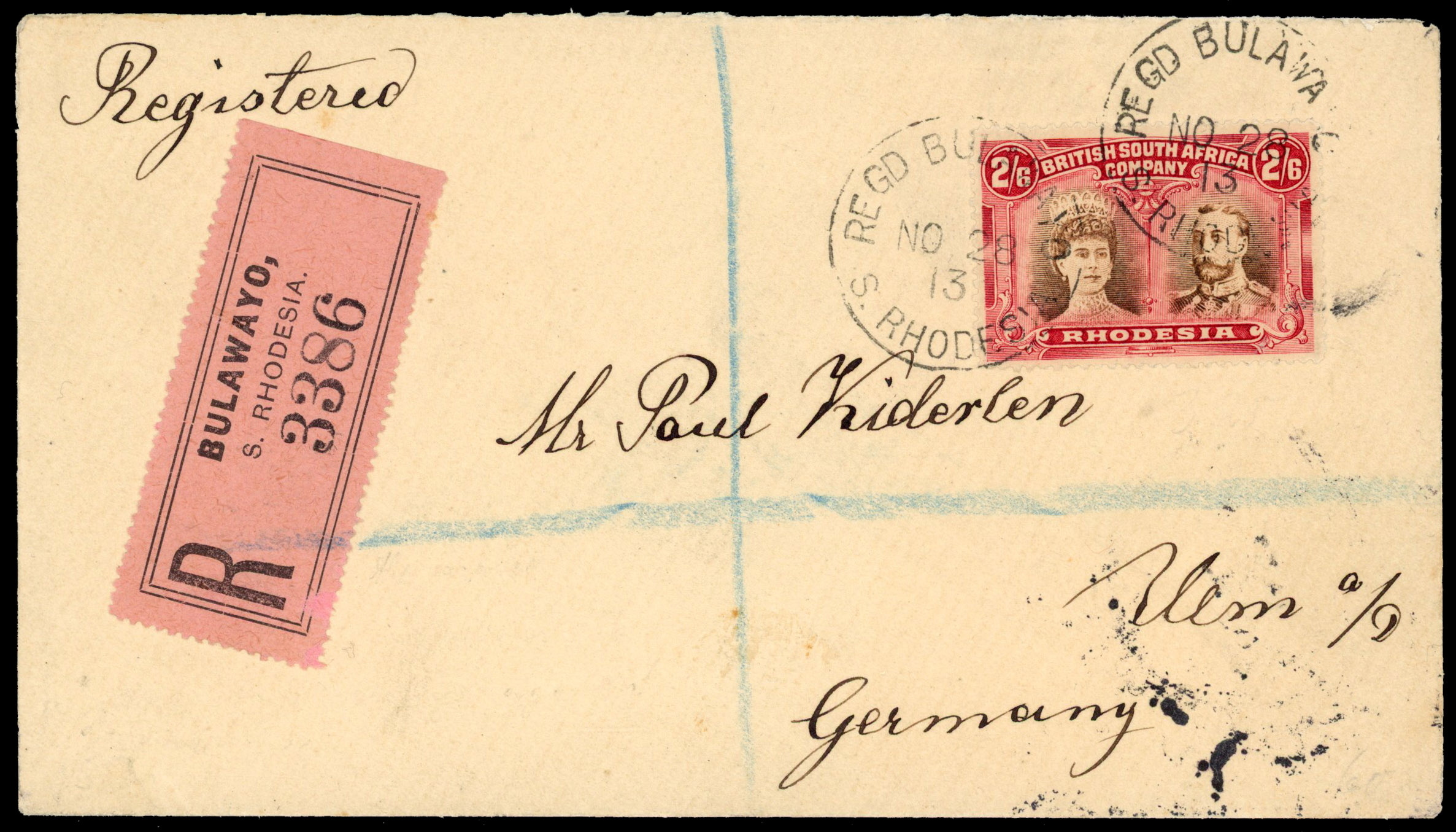 Rhodesia 1913 registered cover from Bulawayo to Germany with 2s6d RSC 'B'