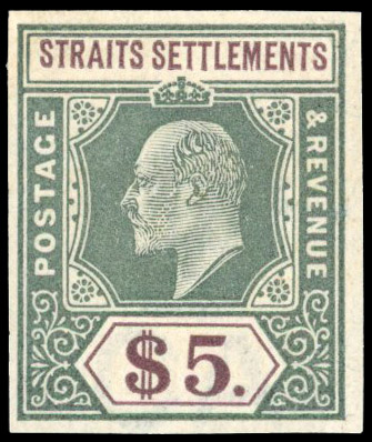 Straits Settlements 1901 KEVII $5 imperf colour trial in dull green and purple-brown