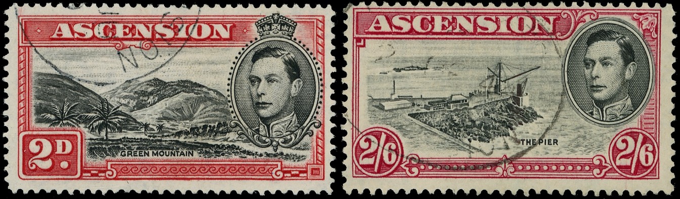 ASCENSION: 1949 2d black and scarlet , perf 14 showing R.4/4 ‘Mountaineer flaw’ and 1938 2s6d ‘Davit flaw’ fine used...