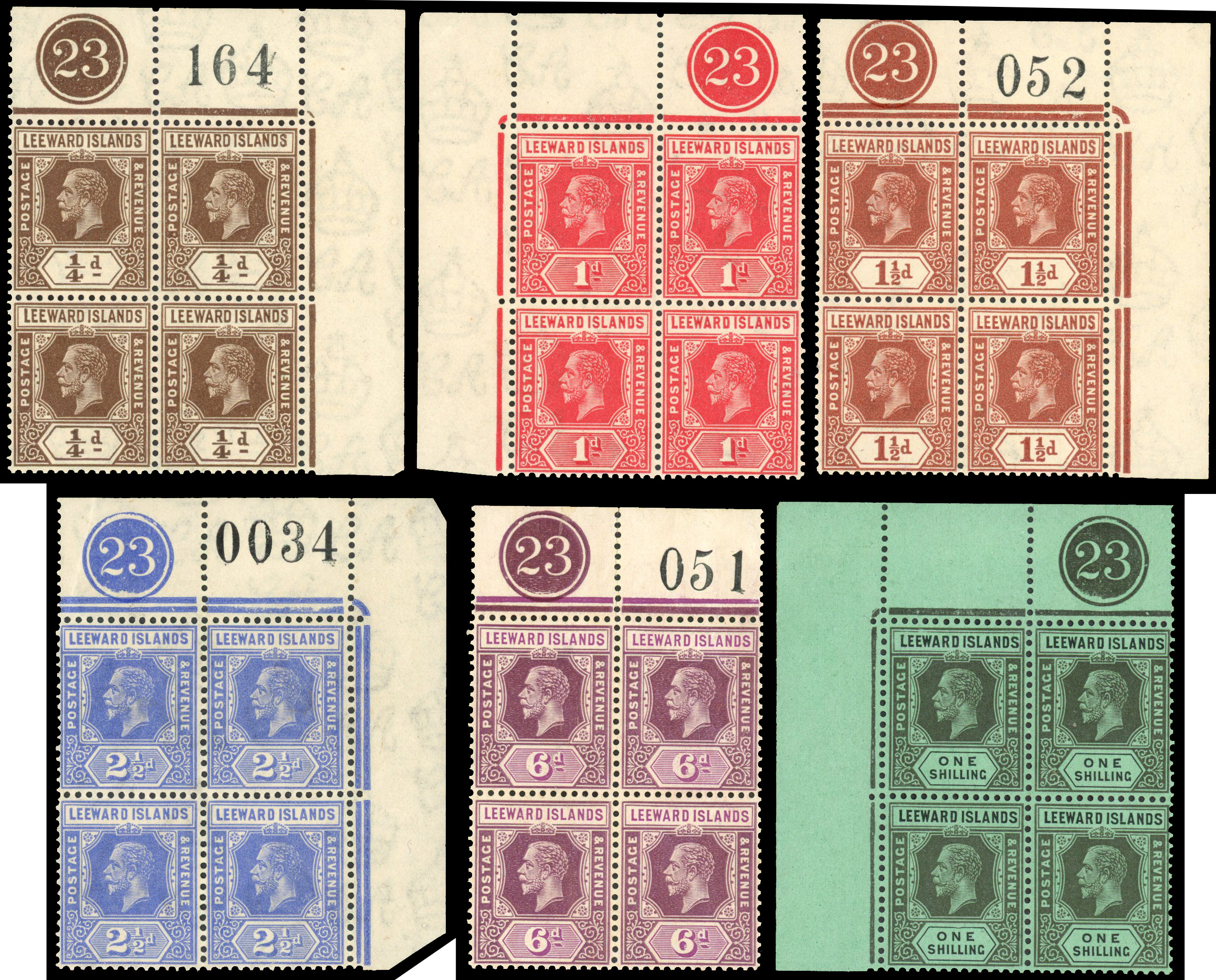 Leeward Islands SG 81, 83-7 Plate blocks mint