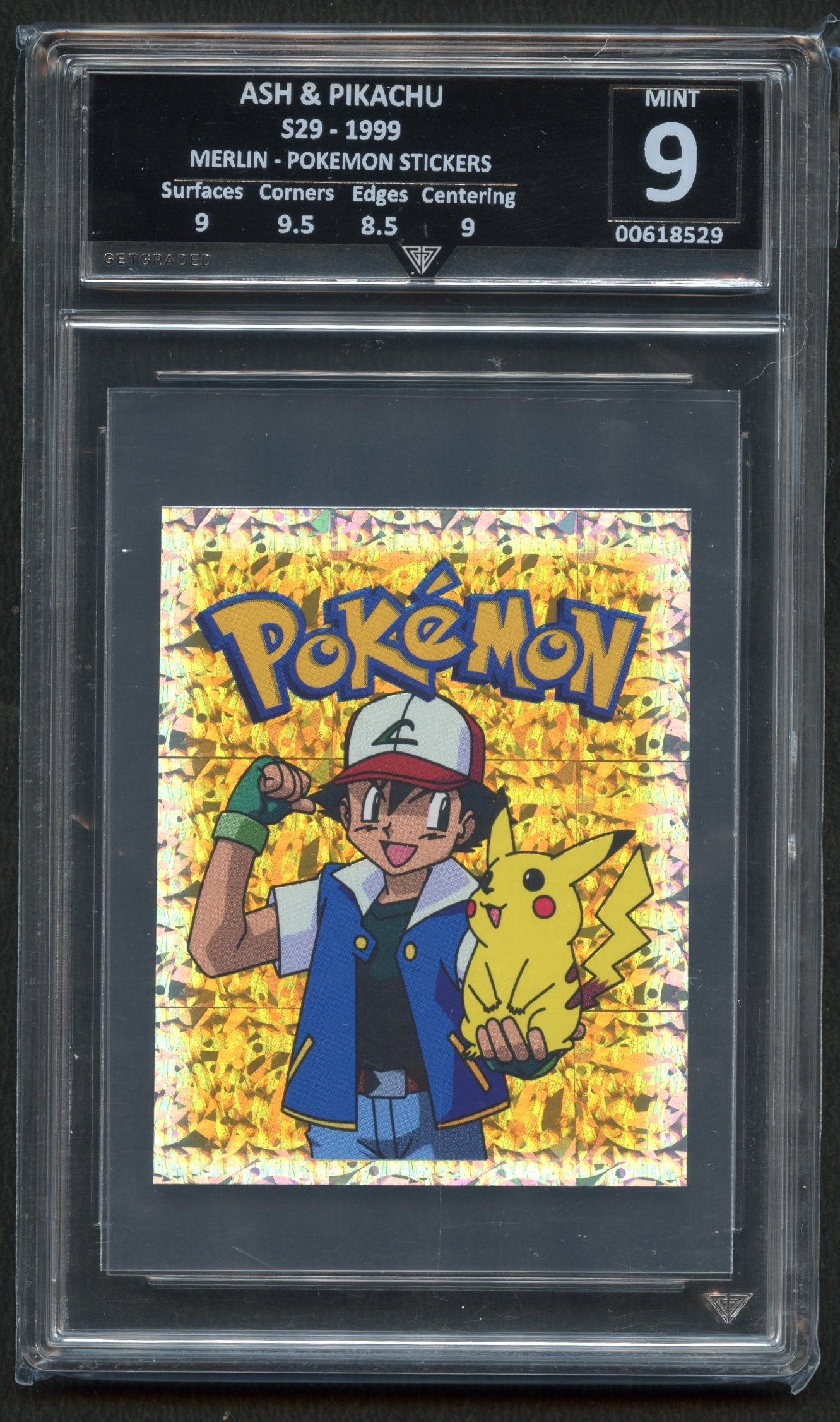 Get Graded 9 Ash & Pikachu S29 Merlin Pokémon Sticker