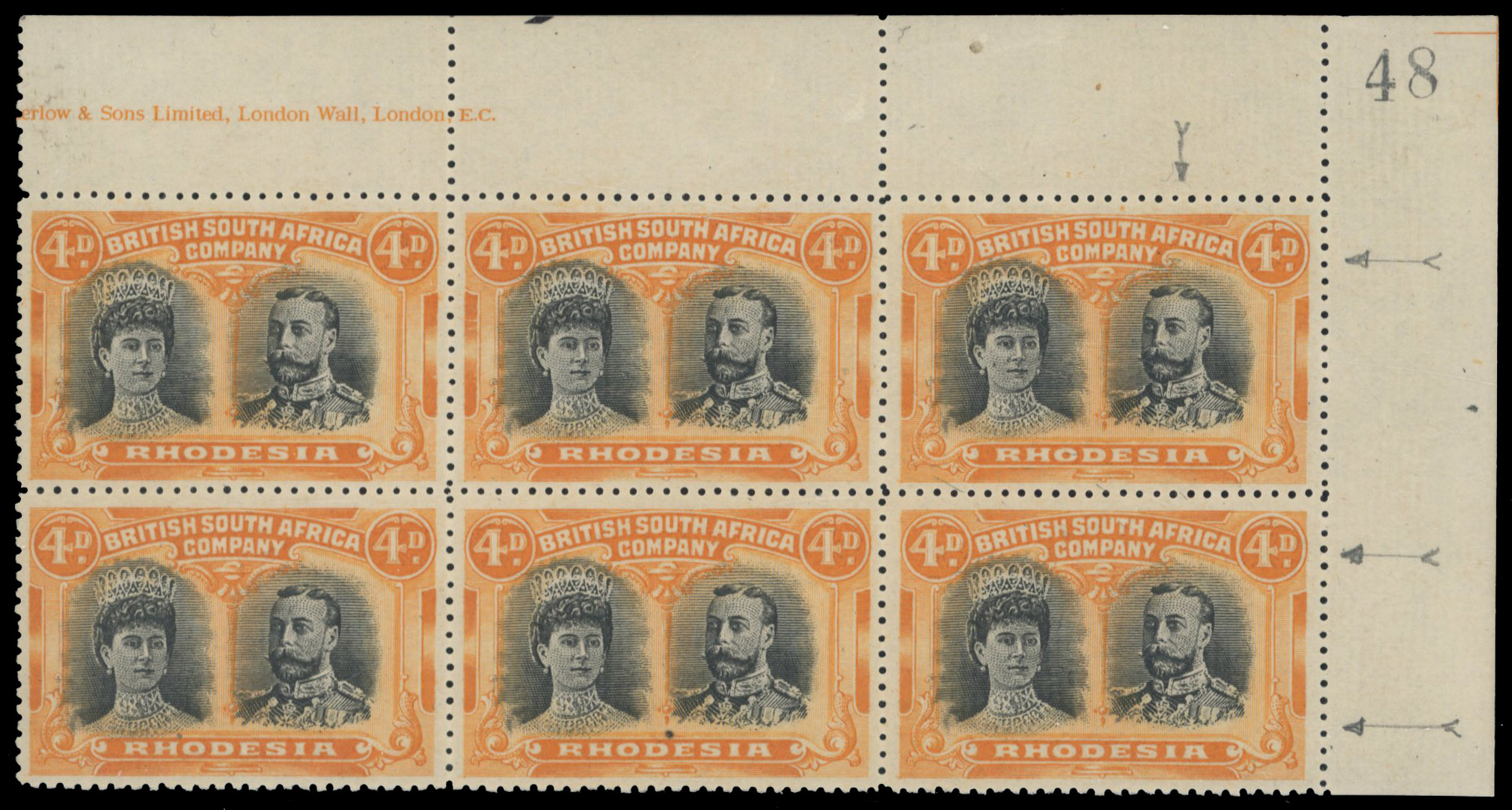 4d black and orange RSC B corner block of six, positions 3-10 mint