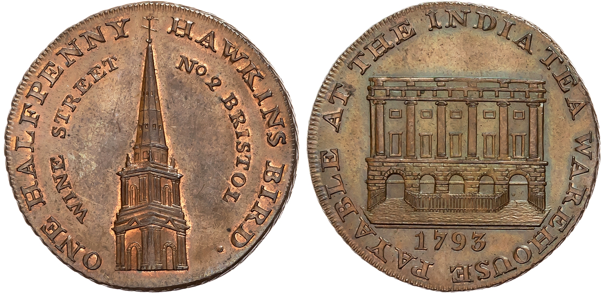 Som.  Bristol , Hawkins Bird (grocer and tea dealer) Halfpenny 1793, Spire of Christ Church, rev. façade of the India te …