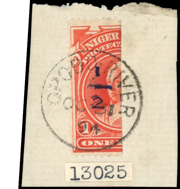 Niger Coast SG 63 1894 ½d on half 1d Opobo provisional, partial double impression, used