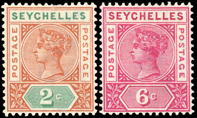 Seychelles 2c orange-brown and green and 6c carmine 'REPAIRED S' varieties