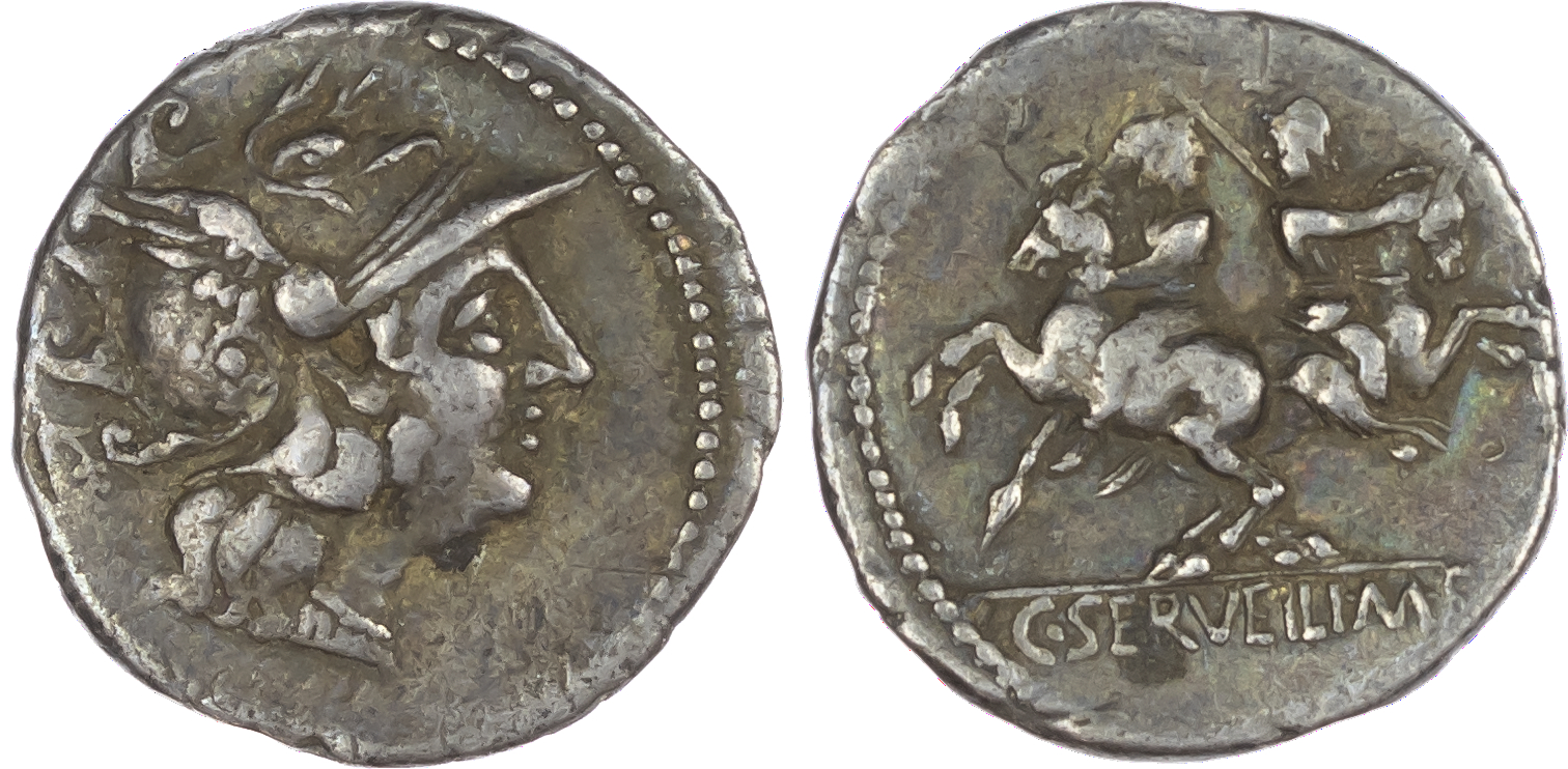 C. Servilius M. f. (136 BC) AR Denarius, Rome, 3.85g. ROMA, helmeted head of Roma facing right, mark of value behind. Rev.