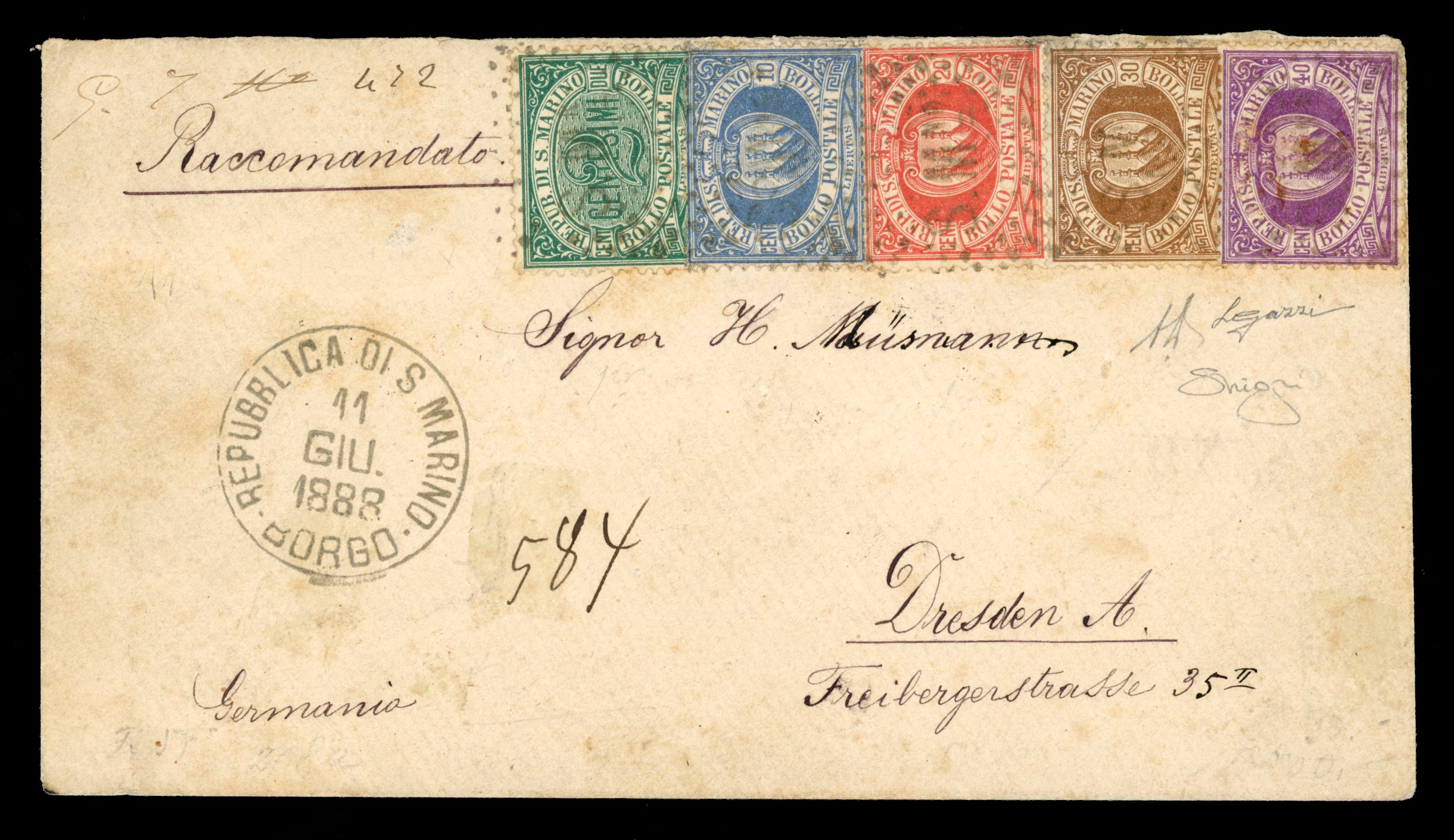 San Marino 1888 five-colour registered cover