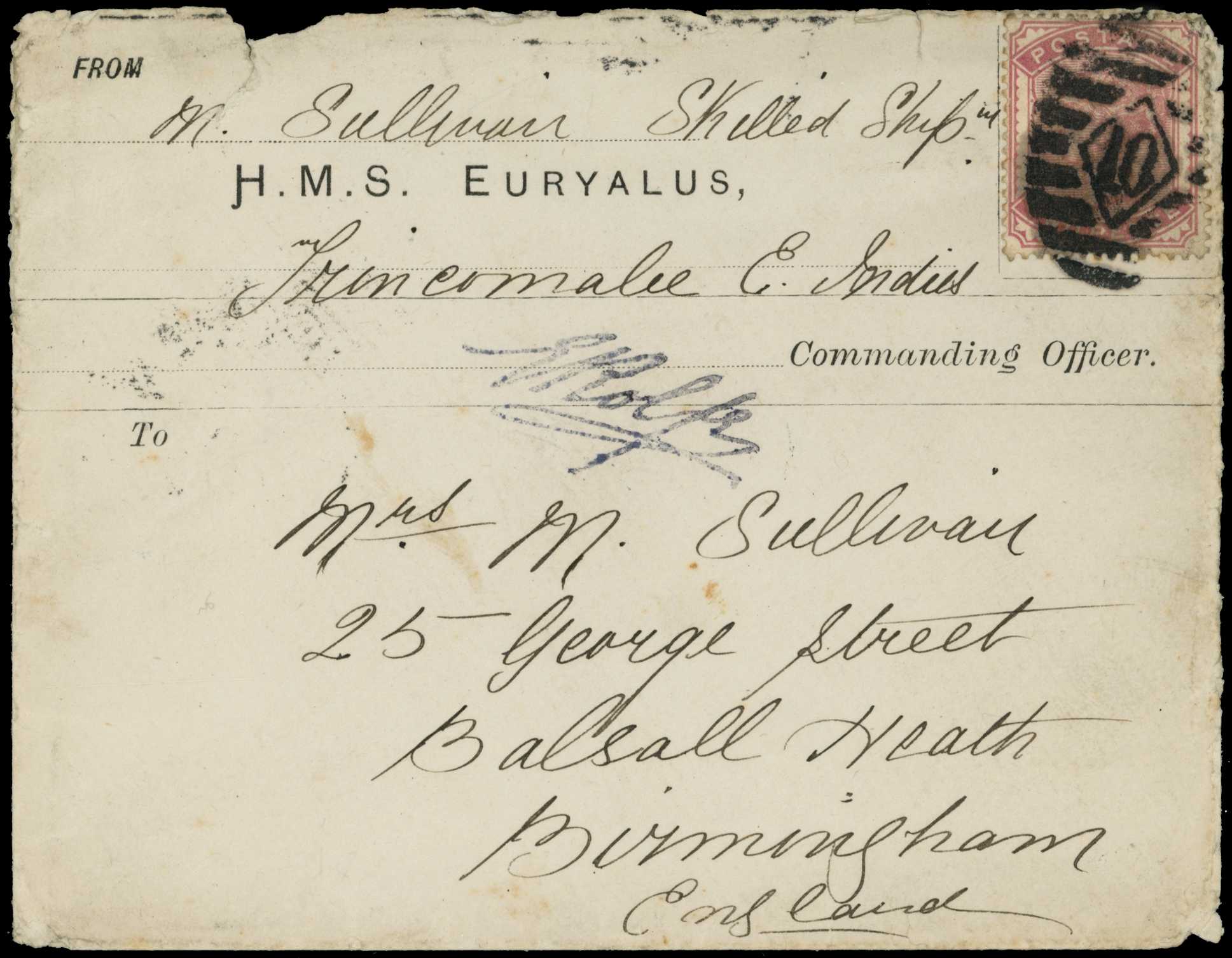 POSTAL HISTORY: 1883 H.M.S. Euryalus...