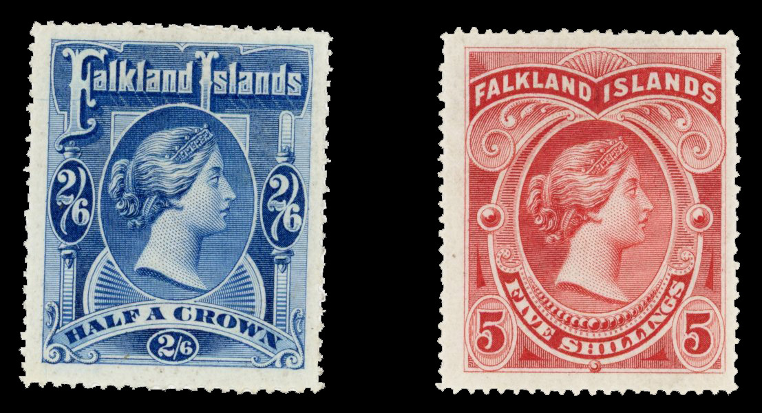 COLS: Small mint portfolio on original dealer's cards including Dominica 1923 to £1, Falkland Islands 1898 2s6d and 5s,