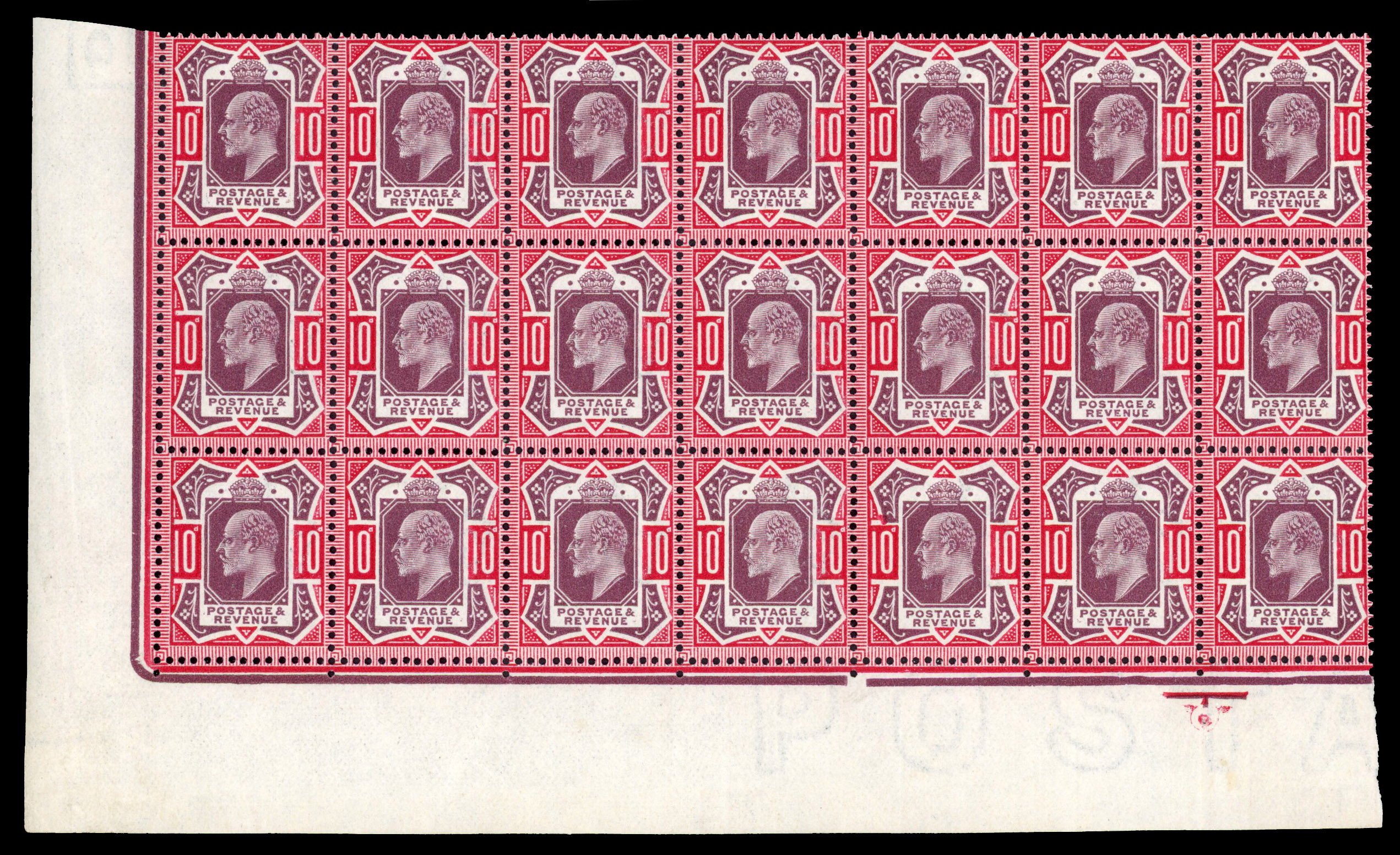 1911-13 Somerset House 10d deep dull purple and carmine, lower left corner block of twenty-one