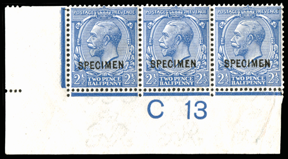 Great Britain 1913 21/2d Cobalt blue. Very fine unused o.g. bottom corner marginal C13(I) control strip of …