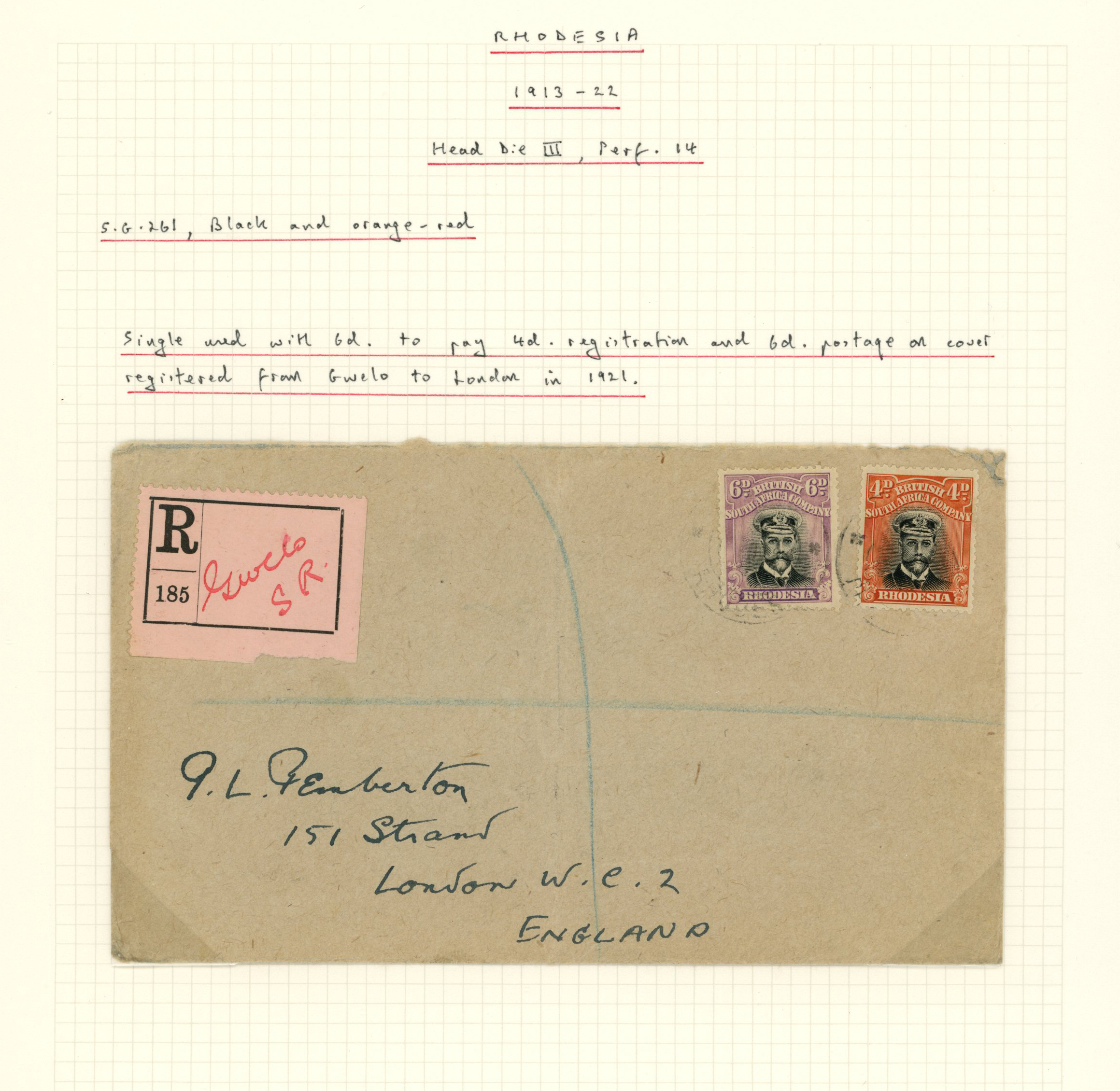 1921 registered envelope from Gwelo to...